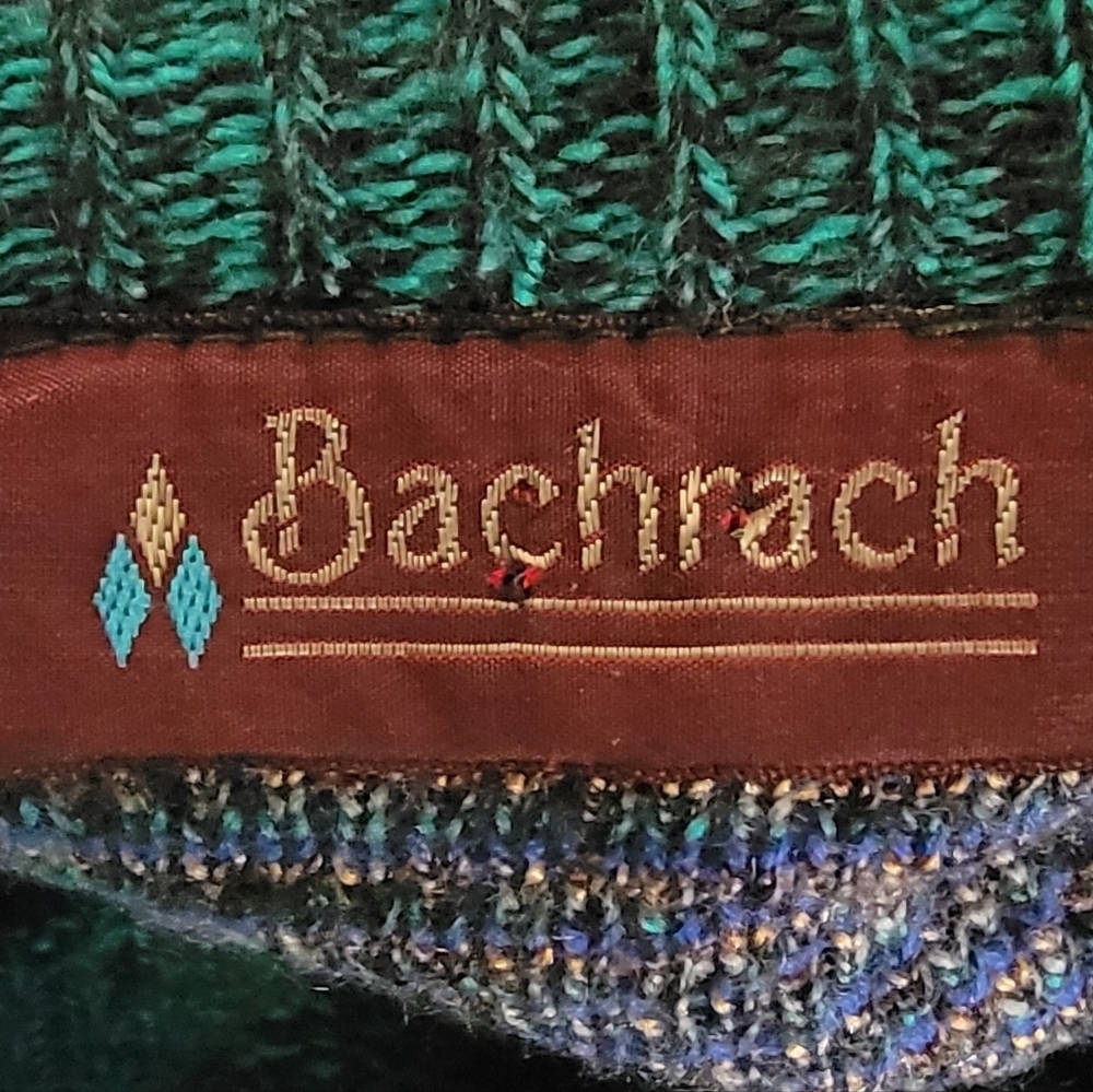 Vintage 80s Bachrach Sweater Green Blue Gold Crew Neck Wool Blend L XL Unisex - Picture 3 of 3